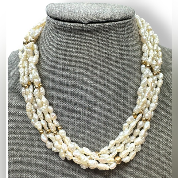 14k Yellow Gold Bead Baroque Freshwater Pearl Necklace 27” - Picture 2 of 5